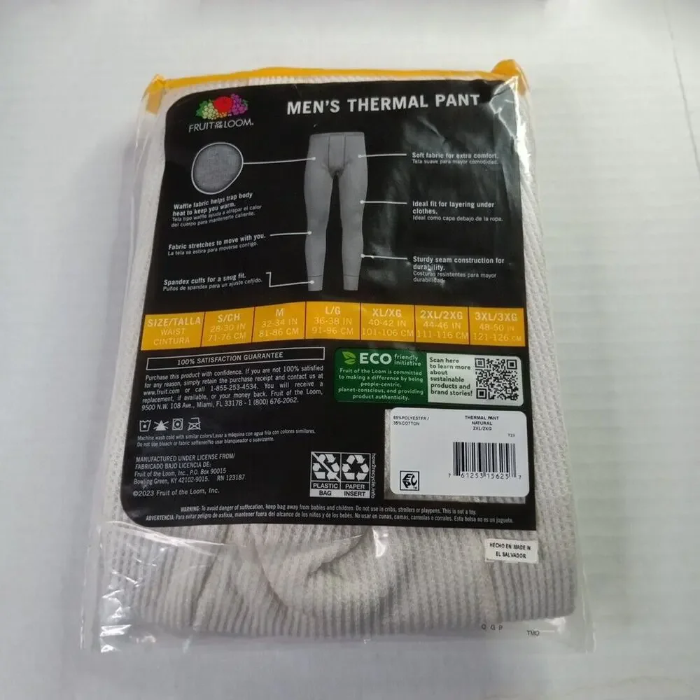 Fruit of the Loom‎ Thermal Waffle Baselayer Underwear Pants Men's 2XL Nat White